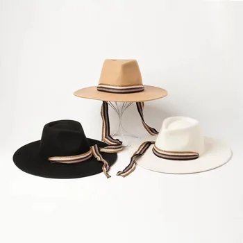 01907-HH8149 lână albă lungă panglică fedoras pălărie, șapcă bărbați femei agrement panama pălărie jazz