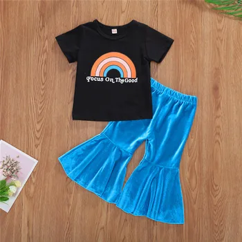 1-5A Fashion Summer Infant Fete pentru Copii Haine Seturi de Copii 2 buc Fata Curcubeu Print cu Maneci Scurte T Shirt Topuri Lungi Pantaloni Flare