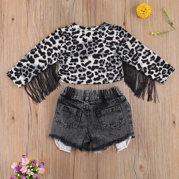 1-6 Ani Copii Baby Girl Haine Set Leopard Print Cu Maneci Lungi Ciucure Bluza Denim Pantaloni Scurți, Costume Copilul Trening Imbracaminte
