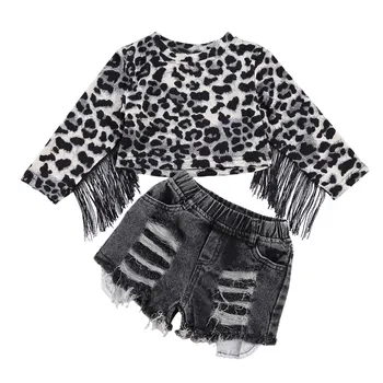 1-6 Ani Copii Baby Girl Haine Set Leopard Print Cu Maneci Lungi Ciucure Bluza Denim Pantaloni Scurți, Costume Copilul Trening Imbracaminte