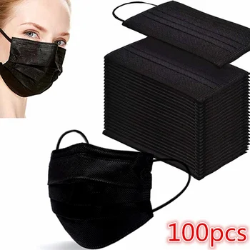 100buc de Unică folosință, Măști Negre Non Împletit Mascarillas 3 Straturi Filtru de Gura Masca de Fata Respirabil Praf Earloops Masca de Igienă Adult