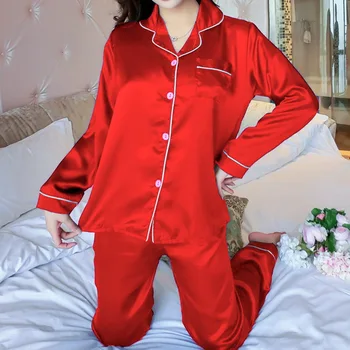 2 BUC Femei Seturi de Pijamale Femei Rever Matase cu Maneci Lungi Uzura Acasă Doamnelor Mujer Sexy din Satin Topuri+Pantaloni camasa de noapte, Pijamale Toamna