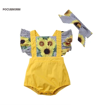 2018 Dulce Minunat Summer Infant Fete pentru Copii Romper 0-24M Scurt Petală Maneca Print Floral Mozaic Galben Romper Salopete