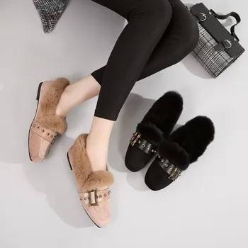 2018 Iarna Noi Femeile Metal Decor Pantofi Plat Blana Singur Pantofii de mică adâncime pentru Cizme de Moda de sex Feminin Confort Cald Pantofi de Pluș