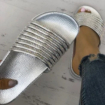 2019 Femei Pantofi Plat Vara Explozii Tendință De Moda De Culoare Solidă Papuci Casual Sălbatice Luminos Diamant Strălucitor Doamnelor Sandale