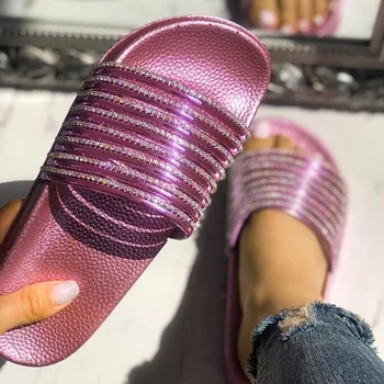 2019 Femei Pantofi Plat Vara Explozii Tendință De Moda De Culoare Solidă Papuci Casual Sălbatice Luminos Diamant Strălucitor Doamnelor Sandale