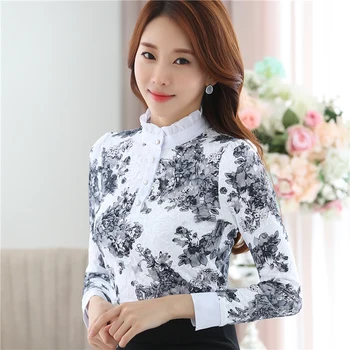 2019 primăvară Noua moda elegant coreean Șifon Cămașă cu Mâneci Lungi de imprimare Bluze de Dantelă Subțire de Femei de îmbrăcăminte de sus 883A 25