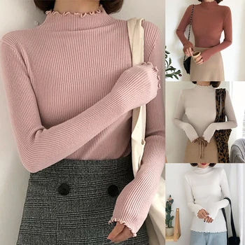 2019 Toamna Iarna pulover Moda Pulover Slim Femei Guler Ruched Femei Pulover de Înaltă Elastic Solid Sexy Pulovere Tricotate