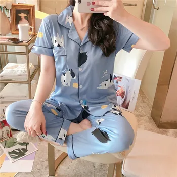 2019 Vara Maneca Scurta Pantaloni Lungi de Pijama Seturi pentru Femei de Imprimare Pijamale Pijamale Femme Body Homewear Pijama Mujer Haine