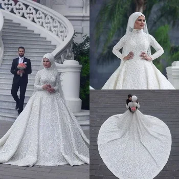 2020 Alb Musulman Rochii de Mireasa Rochie de Minge Aplici Cu Hijab Mâneci Lungi Gât Înalt de Mireasa Rochii Lungi فساتين زفاف