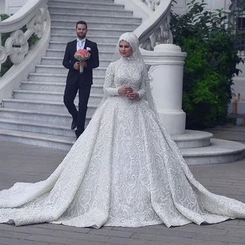 2020 Alb Musulman Rochii de Mireasa Rochie de Minge Aplici Cu Hijab Mâneci Lungi Gât Înalt de Mireasa Rochii Lungi فساتين زفاف