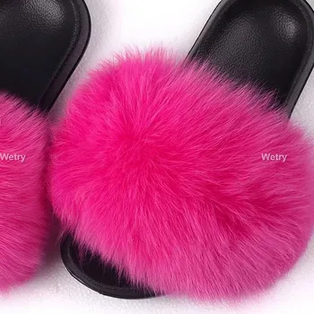 2020 Brand De Lux Blană Papuci De Femei Blană De Vulpe Diapozitive Acasă Cu Blană Sandale Plate De Sex Feminin Drăguț Pufos Casa Pantofi De Femeie
