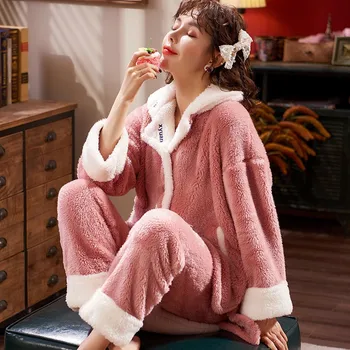 2020 Iarna Femei Pijama Set De Cald Îngroșa Pijamale Flanel Moale Fleece Coral Feminin Homewear Plus Dimensiune Pijamale