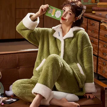 2020 Iarna Femei Pijama Set De Cald Îngroșa Pijamale Flanel Moale Fleece Coral Feminin Homewear Plus Dimensiune Pijamale