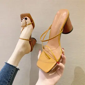 2020 Lemn Toc Papuci de casa Sandale pentru Femei Vintage Square Toe Bandă Îngustă cu Toc Sandale Femei Pantofi de Vara pentru Femei SWC0713