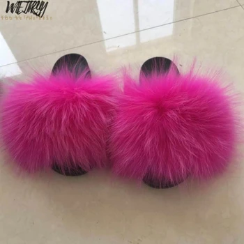 2020 Mare full Real Fox Papuci Pufosi Papuci de Blană de Vulpe Diapozitive Fuzzy Glisante Moale Blana de Pluș Catâri Pantofi de Vara pentru Femei