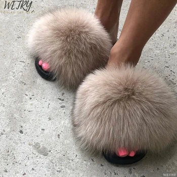 2020 Mare full Real Fox Papuci Pufosi Papuci de Blană de Vulpe Diapozitive Fuzzy Glisante Moale Blana de Pluș Catâri Pantofi de Vara pentru Femei