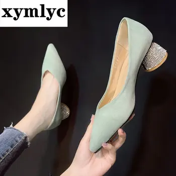 2020 nou single pantofi cu toc confortabil superficial gura femei singure aur luminoase diamond piele de căprioară pantofi cu toc sandale