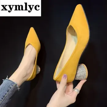 2020 nou single pantofi cu toc confortabil superficial gura femei singure aur luminoase diamond piele de căprioară pantofi cu toc sandale