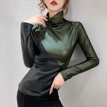2020 Noua Moda din Piele Bottom T-Shirt Femei Toamna Iarna Guler, Plus Catifea cu Cusaturi de Culoare Topuri Slim Cald Teuri KW299