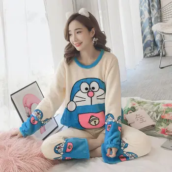 2020 Pijamale de Iarna pentru Femei Elevii Korean-Style Drăguț Coral Fleece Căptușit Desene animate cu Mâneci Lungi Homewear Set
