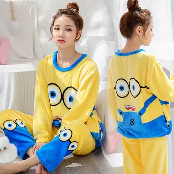2020 Pijamale de Iarna pentru Femei Elevii Korean-Style Drăguț Coral Fleece Căptușit Desene animate cu Mâneci Lungi Homewear Set
