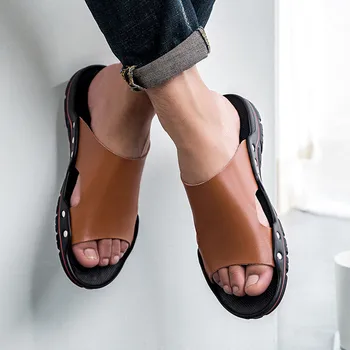 2020 Scur Bărbați Sandale Din Piele De Calitate Papuci De Plaja Pantofi Casual În Aer Liber Plat Pantofi De Plaja 38-46 De Dimensiuni Mari