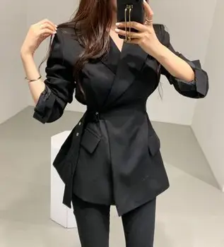 2020 Toamna coreeană de Moda Sacouri Femei Haine cu Maneci Lungi Crestate Guler de Dantela-up cu Centură Jachete Buzunare Elegante, Sacouri Topuri