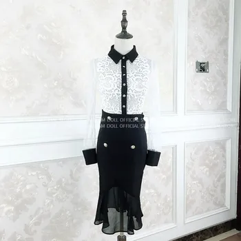2020 Toamna Vedea Prin Dantela Sexy Bluza Șifon Mozaic Negru Bodycon Fusta Două Bucata De Muncă Costum Rochie