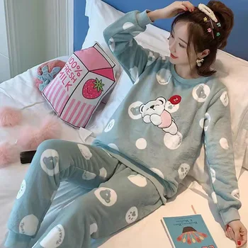 2020Autumn Iarna Flanel Cald Femei Pijamale Seturi Gros Coral Catifea cu Maneci Lungi Desene animate Pijamale Subțiri Pijamale Flanel Set Fata