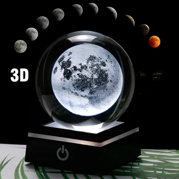 3D Moon Crystal Ball CONDUS de Bază Gravate cu Laser Glob de Sticlă Decor Acasă Cristal Meșteșug Sfera Ornament 8cm