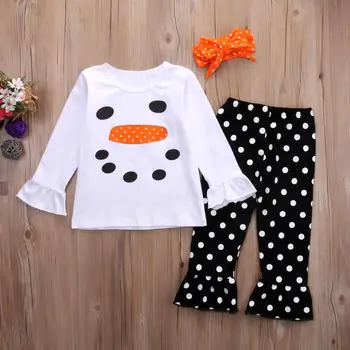 3PCS Set de Crăciun pentru Copii Toddler Girls om de Zăpadă Zburli Topuri cu Maneci Lungi Tricou+Polka Dot Pantaloni+Bentita Costume de Haine