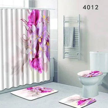 4buc Baie Podea Mat Seturi Anti-Alunecare, rose Design Perdele de Dus + Baie Mat + Contur Covor + Capacul de Toaletă Covor