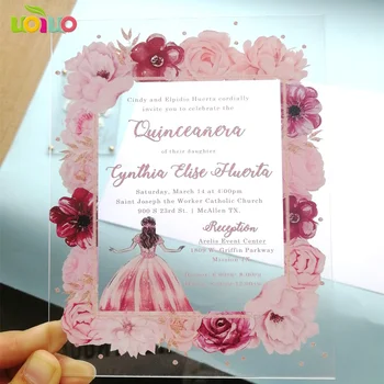 Acrilice card cu plin de culoare de imprimare de flori Quinceanera carte de invitație, acrilic print custom formulări ziua de nastere carte de invitație