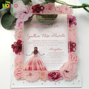 Acrilice card cu plin de culoare de imprimare de flori Quinceanera carte de invitație, acrilic print custom formulări ziua de nastere carte de invitație