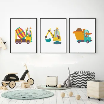 Animale de desene animate Tigru, Iepure, Elefant Masina Nordic Postere si Printuri de Arta de Perete Panza Pictura pe Perete Poze Baby Decor Camera pentru Copii