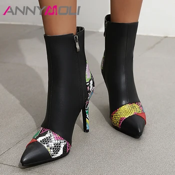 ANNYMOLI Snake Print Super Cizme cu Toc Doamna Glezna Cizme pentru Femei Pantofi Subliniat Toe Stilet Tocuri Fermoar Cizme Scurte de Iarnă 46