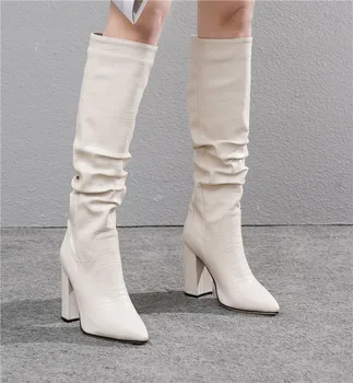 ASUMER 2020 cowboy western genunchi ridicat cizme femei subliniat toe cutat Stil European de toamna iarna cizme tocuri groase femeie