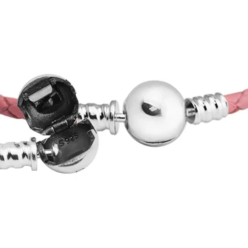Autentic Argint 925 Round Clasp Impletit Brățară Roz Brățări de Piele pentru Femei DIY Farmece a Face Bijuterii pulseras
