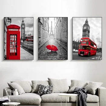 Autobuz roșu Negru Alb Paris, Londra, Postere si Printuri Panza Picturi Cabină Telefonică de Perete Arta Imaginile pentru Camera de zi Decor