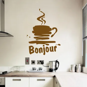 Autocolante Muraux Bonjour Cafe Cup Vinil Arta De Perete Decal Preparate Din Bucătăria Murală Tapet Bucatarie Home Decor Camera De Zi De Decorare