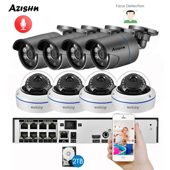 AZISHN de Detectare a Feței H. 265+ 8CH 5MP POE NVR Kit Audio Sistem CCTV de 5MP Metal Camera IP P2P Interioară în aer liber, Supraveghere Video Set