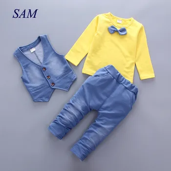 Baieti haine de toamna noua moda papion solidă tricou + vesta + pantaloni 3 buc seturi de îmbrăcăminte pentru copii din bumbac cu maneca lunga, haine