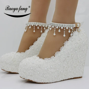 BaoYaFang Noi Flori Albe Femei pantofi de nunta Curea Glezna Ciucure pantofi de moda femeie tocuri platforma pantofi Pene