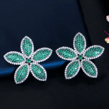 BeaQueen Elegant, Plin de zircon Cristal Pavate Frunză Verde Floare Mare Stud Cercei pentru Femeile Petrecere de Nunta Bijuterii E355
