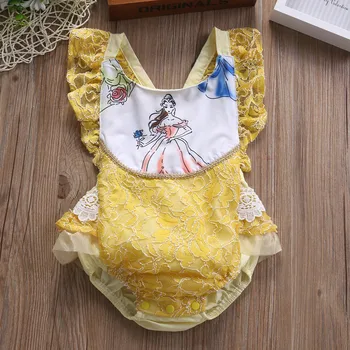 Bebe Fete Dantela Galben Tipărite Nou-Născut Costume Salopeta Body