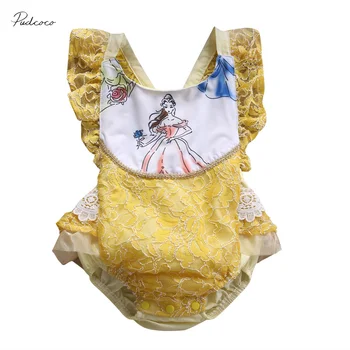 Bebe Fete Dantela Galben Tipărite Nou-Născut Costume Salopeta Body