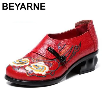 BEYARNE 2020spring toamna femei pantofi retro cu toc gros moale pantofi cu talpi de pantofi pentru femei brodate real pantofi de piele