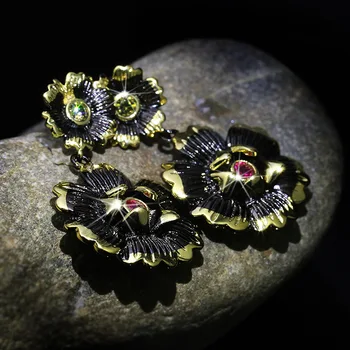 Bijuterii De Epocă Simplu Picătură Cercei Floare Eleganta Negru Cu Aur Rubin Cercei Boemia De Mireasa Bijuterii De Nunta