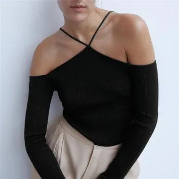 BLSQR Elegant Căpăstru Fără Umăr Pulover Elastic de Proiectare Maneca Lunga Femei Chic Topuri Tricotate Fata Pulovere